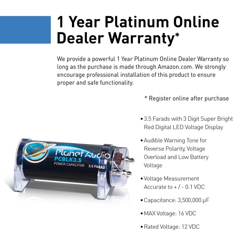 Planet Audio PCBLK3.5 Car Capacitor â€“ 3.5 Farad, Energy Storage, Enhance Bass from Stereo, Warning Tones, LED Voltage Meter - Image 3
